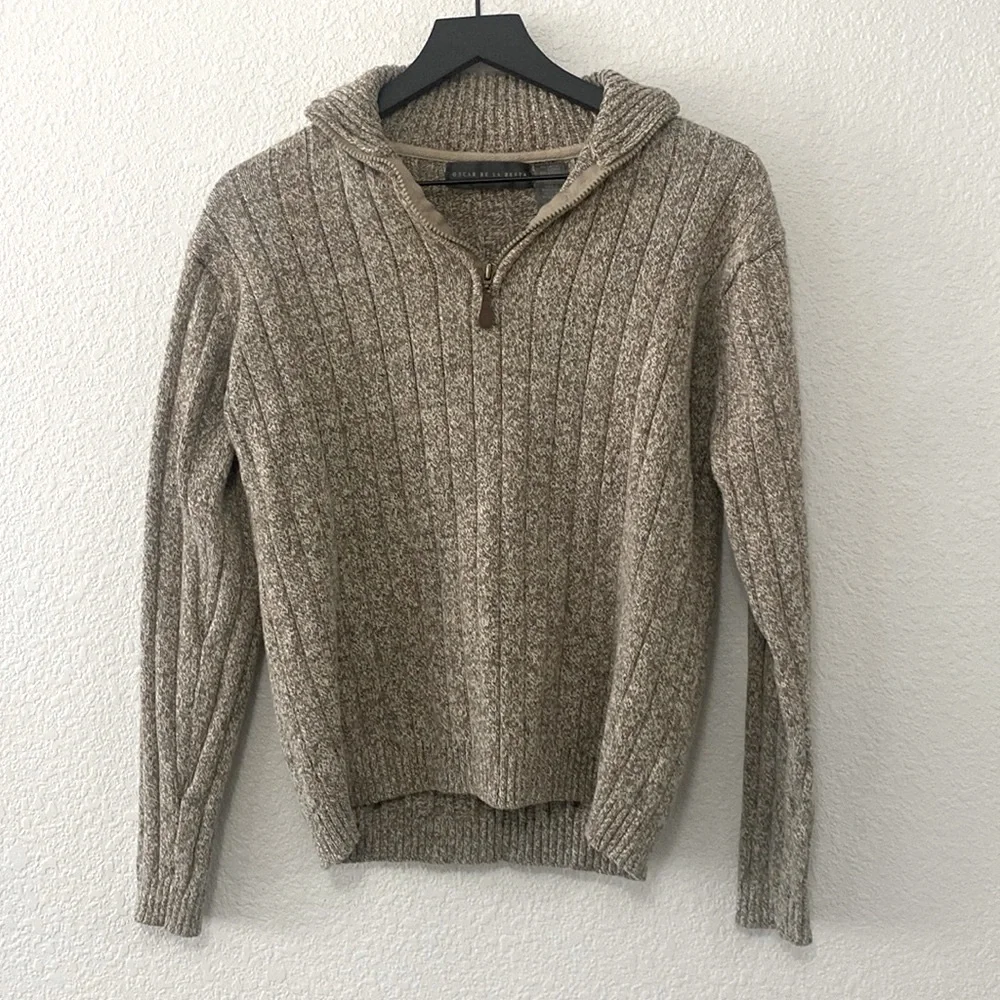 Oscar De La Renta Tan Ribbed Knit Half-Zip Mock Neck Sweater